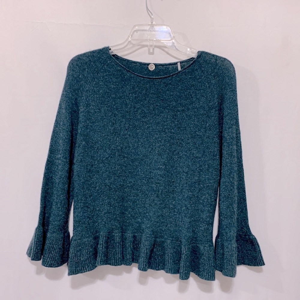 MARGARET O’Leary cashmere sweater ruffled hem sleeves rolled neckline crop woman